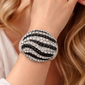 Rhinestone Zebra Cuff Bracelet Black Clear Crystal Estate Jewelry Bold‎ Vintage
